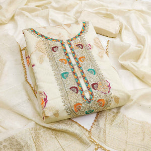 Graceful Cream Floral Weaving Modal Chanderi Silk Dress Material With Cording Neck Embroidery Work