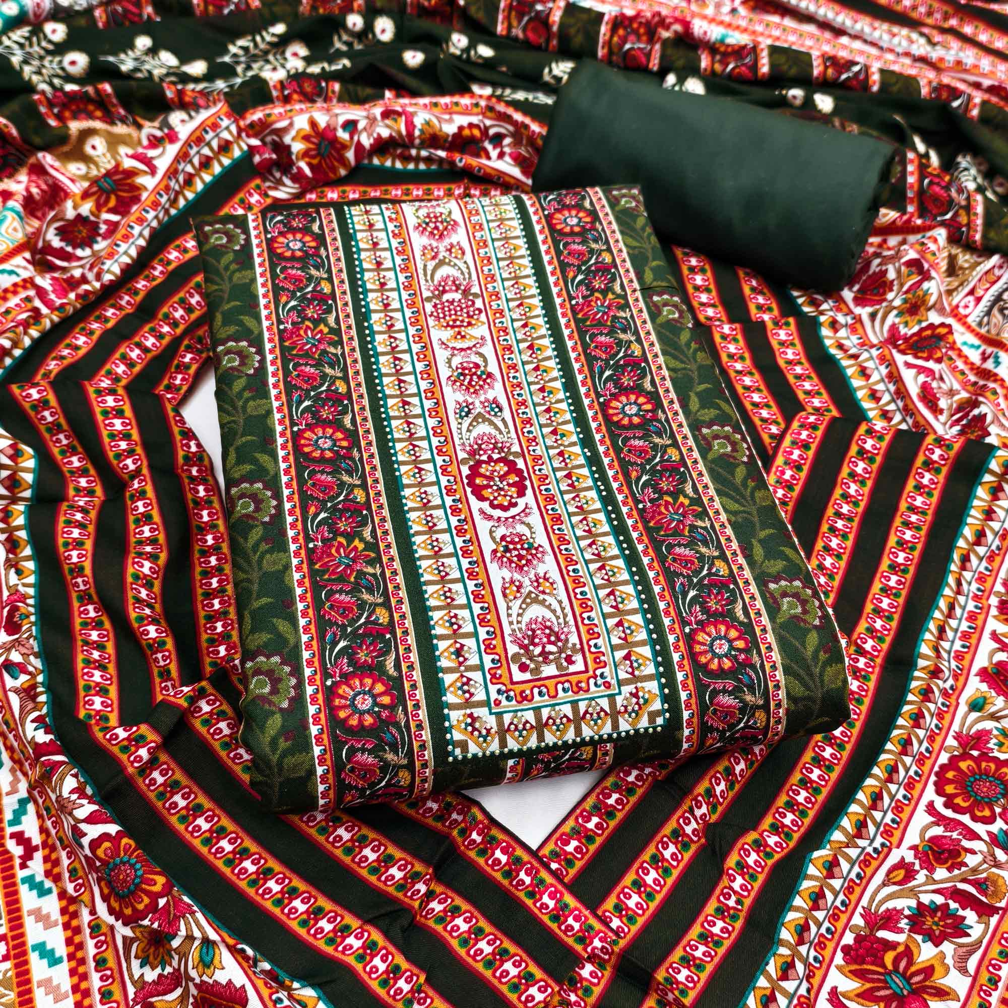 Charming Mehendi Green Floral Rayon Dress Material Enhanced With Premium Swarovski Embellishment