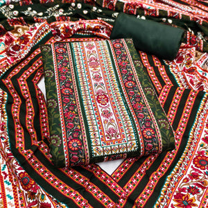 Charming Mehendi Green Floral Rayon Dress Material Enhanced With Premium Swarovski Embellishment