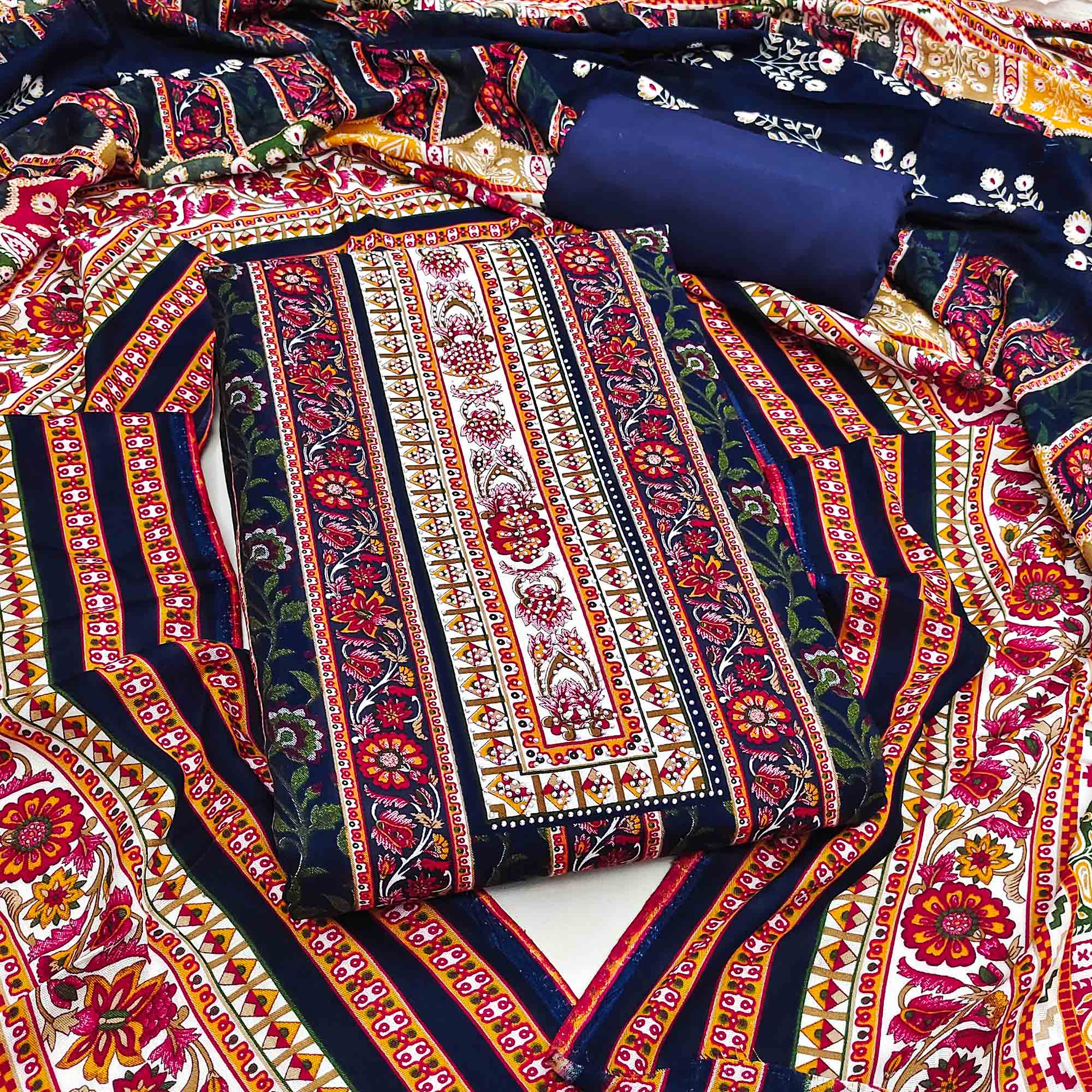 Charming Navy Blue Floral Rayon Dress Material Enhanced With Premium Swarovski Embellishment Work