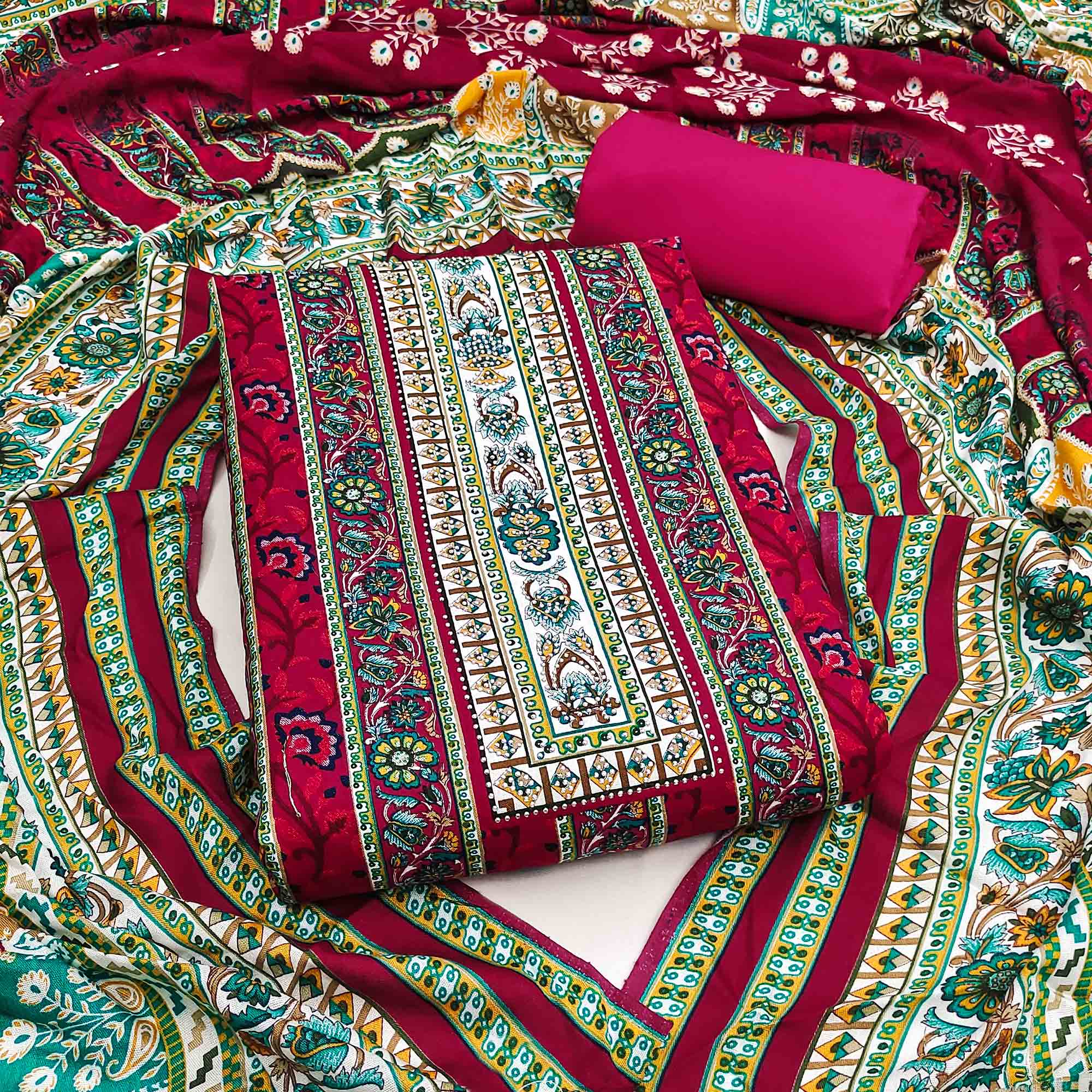 Charming Pink Floral Rayon Dress Material Enhanced With Premium Swarovski Embellishment Work