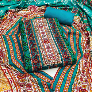 Charming Rama Blue Floral Rayon Dress Material Enhanced With Premium Swarovski Embellishment Work