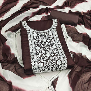 Designer Brown Pure Cotton Dress Material Showcasing Floral Thread Embroidery & Luxe Sequins Work