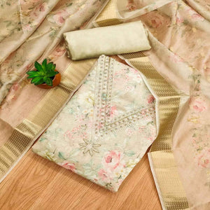 Charming Chikoo Floral Digital Printed Chanderi Silk Dress Material Adorned With Moti Khatli Work