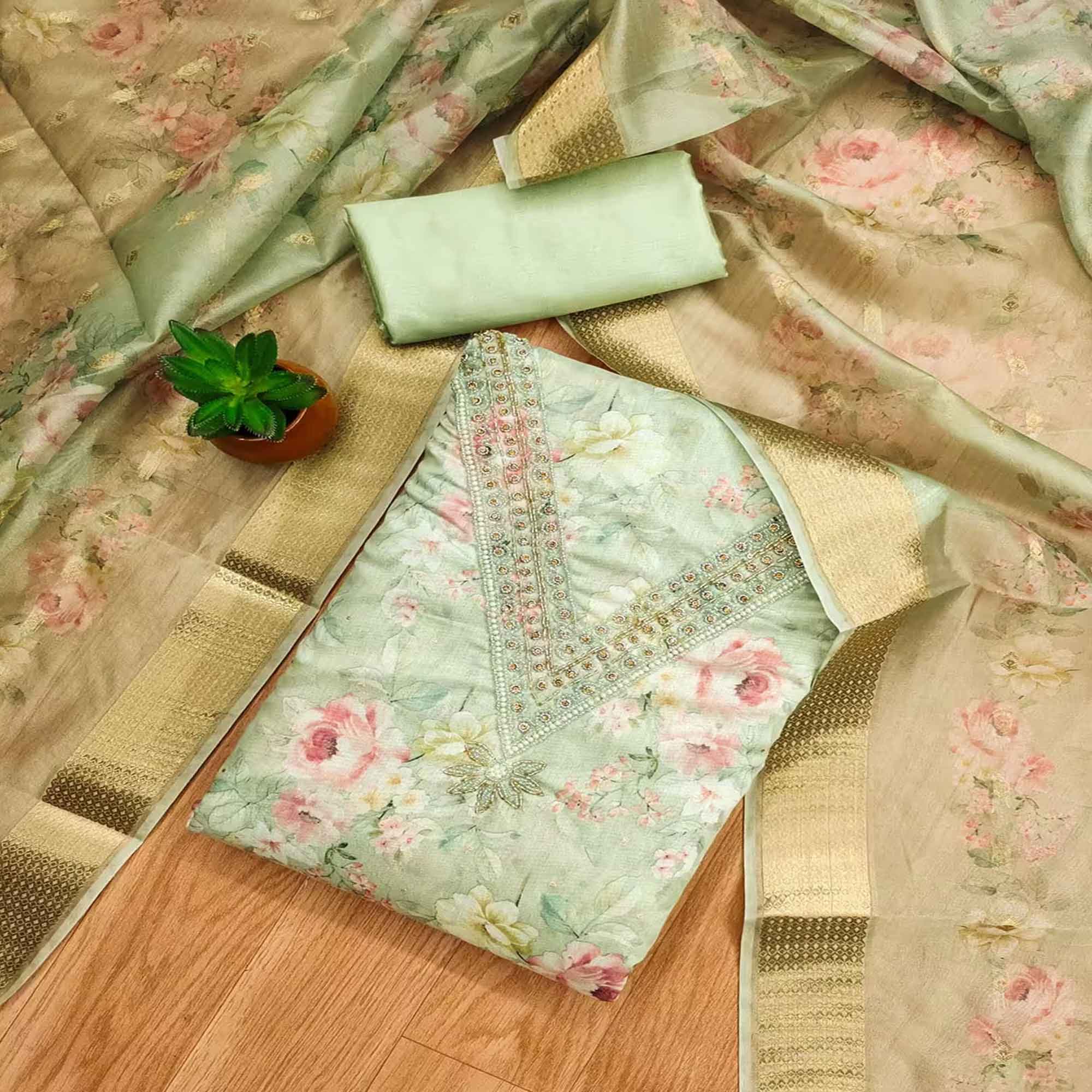 Charming Green Floral Digital Printed Chanderi Silk Dress Material Adorned With Moti Khatli Work