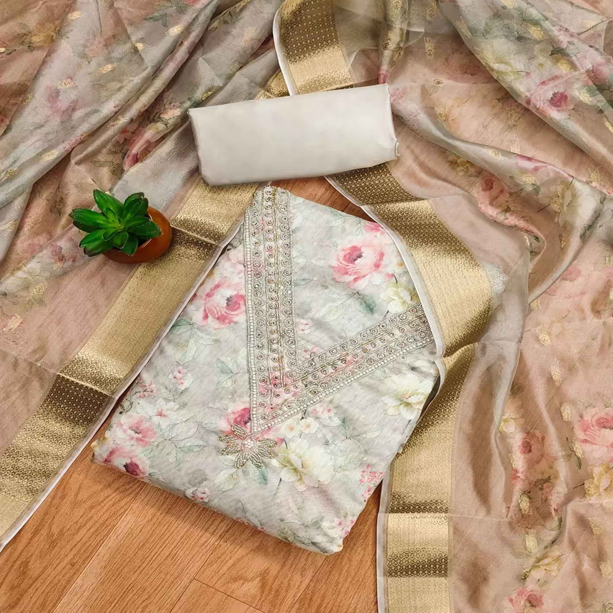 Charming Grey Floral Digital Printed Chanderi Silk Dress Material Adorned With Moti Khatli Work