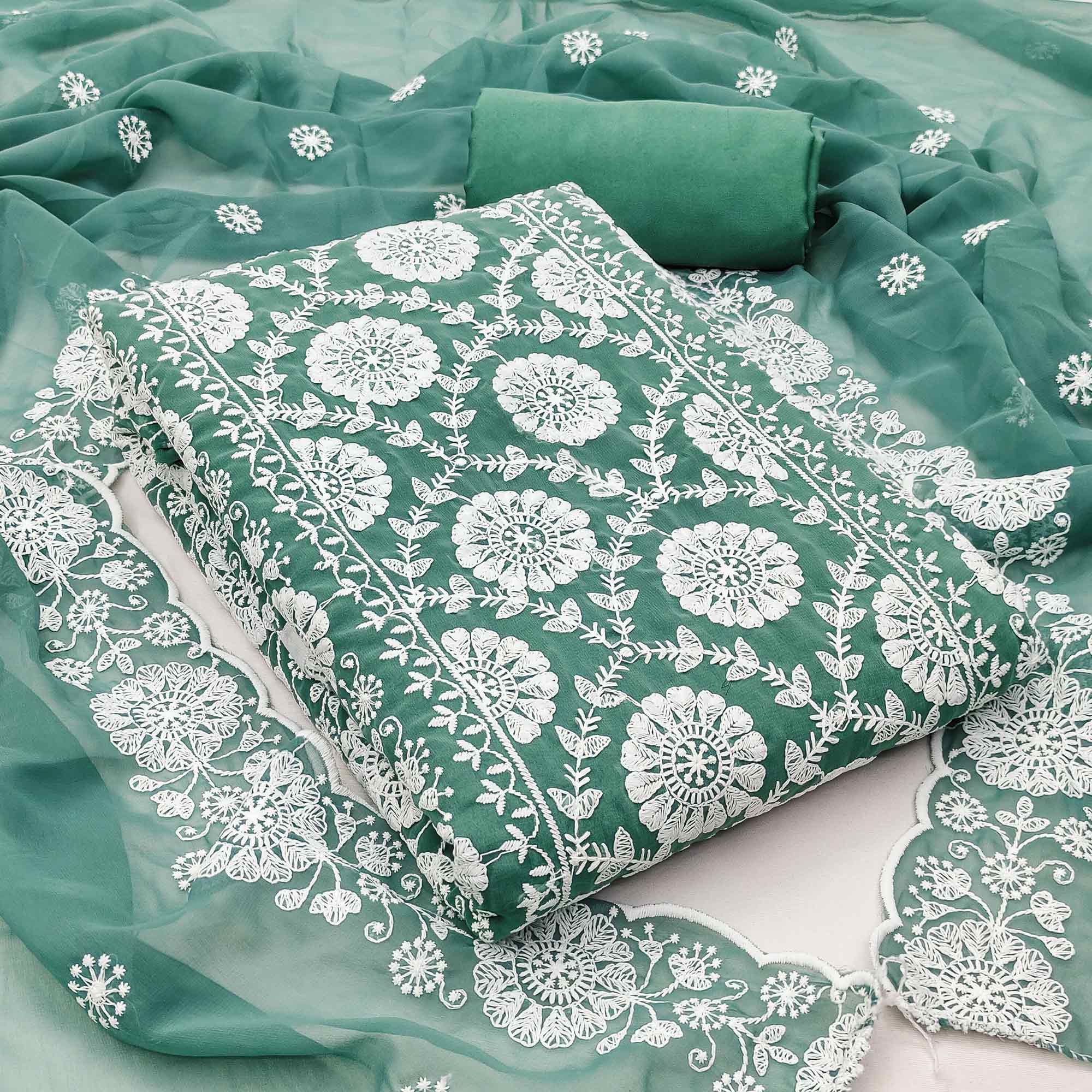 Classic Dark Mint Green Floral Thread Embroidered Georgette Dress Material With Timeless Appeal
