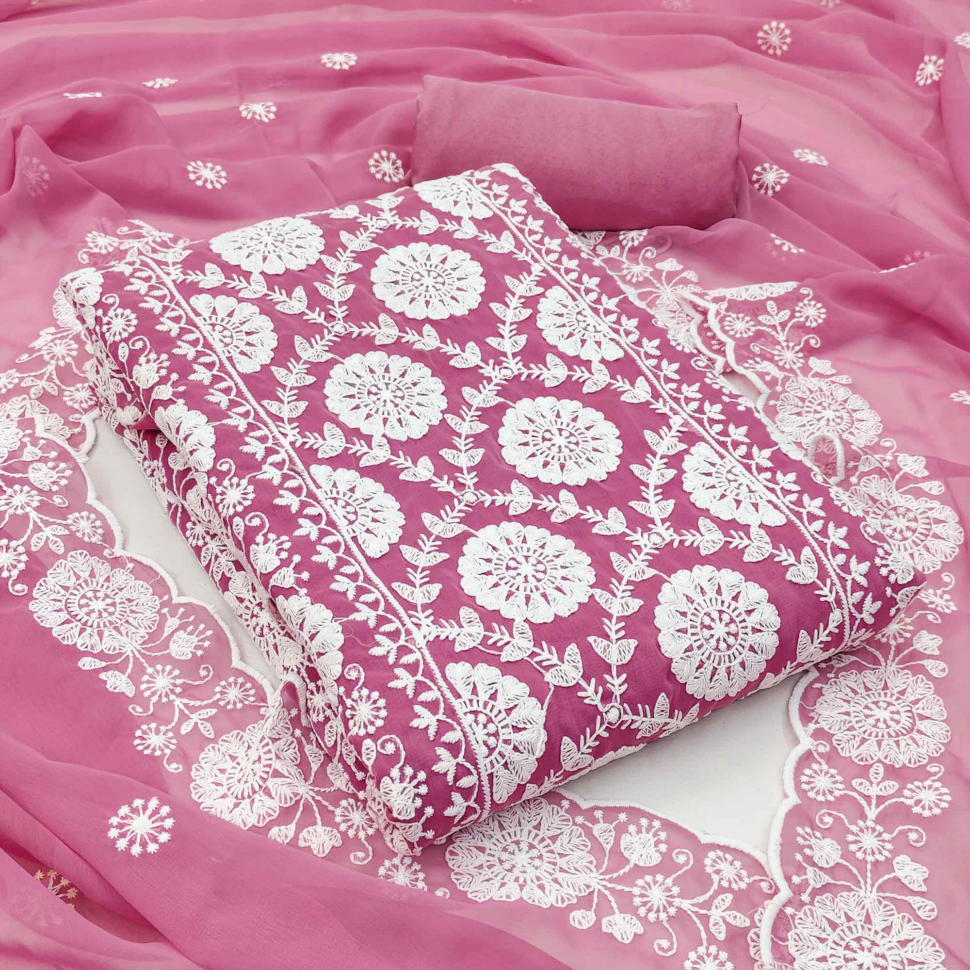 Classic Pink Floral Thread Embroidered Georgette Dress Material With Timeless Appeal