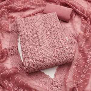 Elegant Dusty Rose Pink Floral Thread Embroidered With Sequins Work Georgette Dress Material