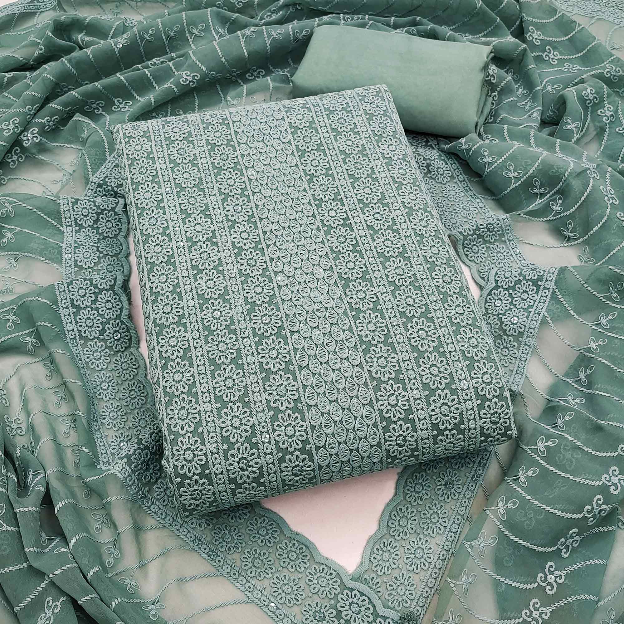 Elegant Grey Floral Thread Embroidered With Sequins Work Georgette Dress Material