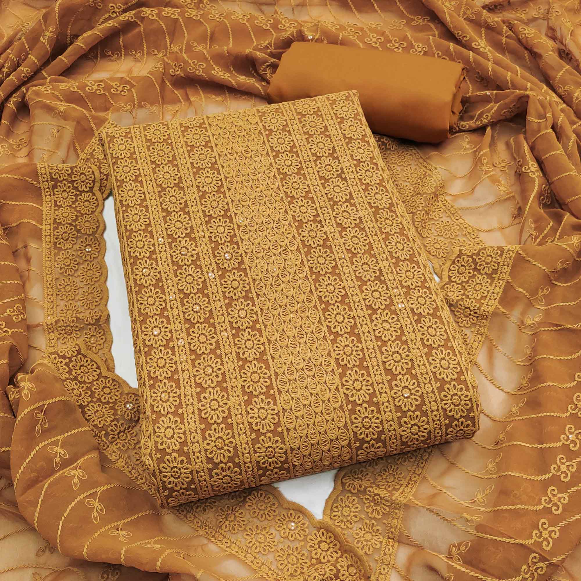 Elegant Mustard Floral Thread Embroidered With Sequins Work Georgette Dress Material