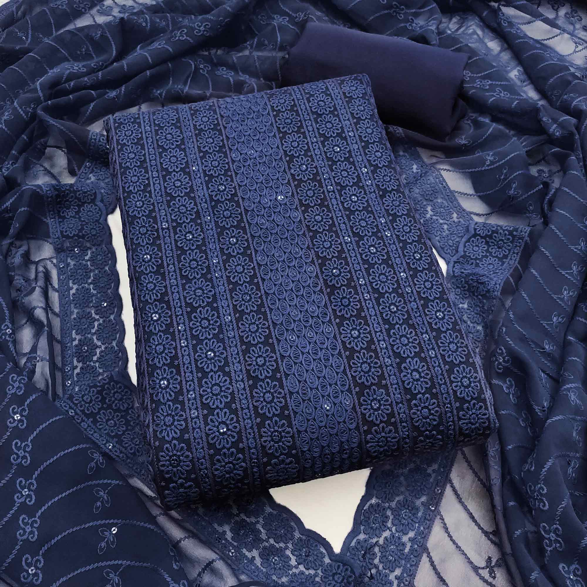 Elegant Navy Blue Floral Thread Embroidered With Sequins Work Georgette Dress Material