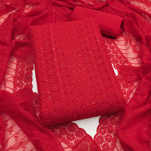 Elegant Red Floral Thread Embroidered With Sequins Work Georgette Dress Material