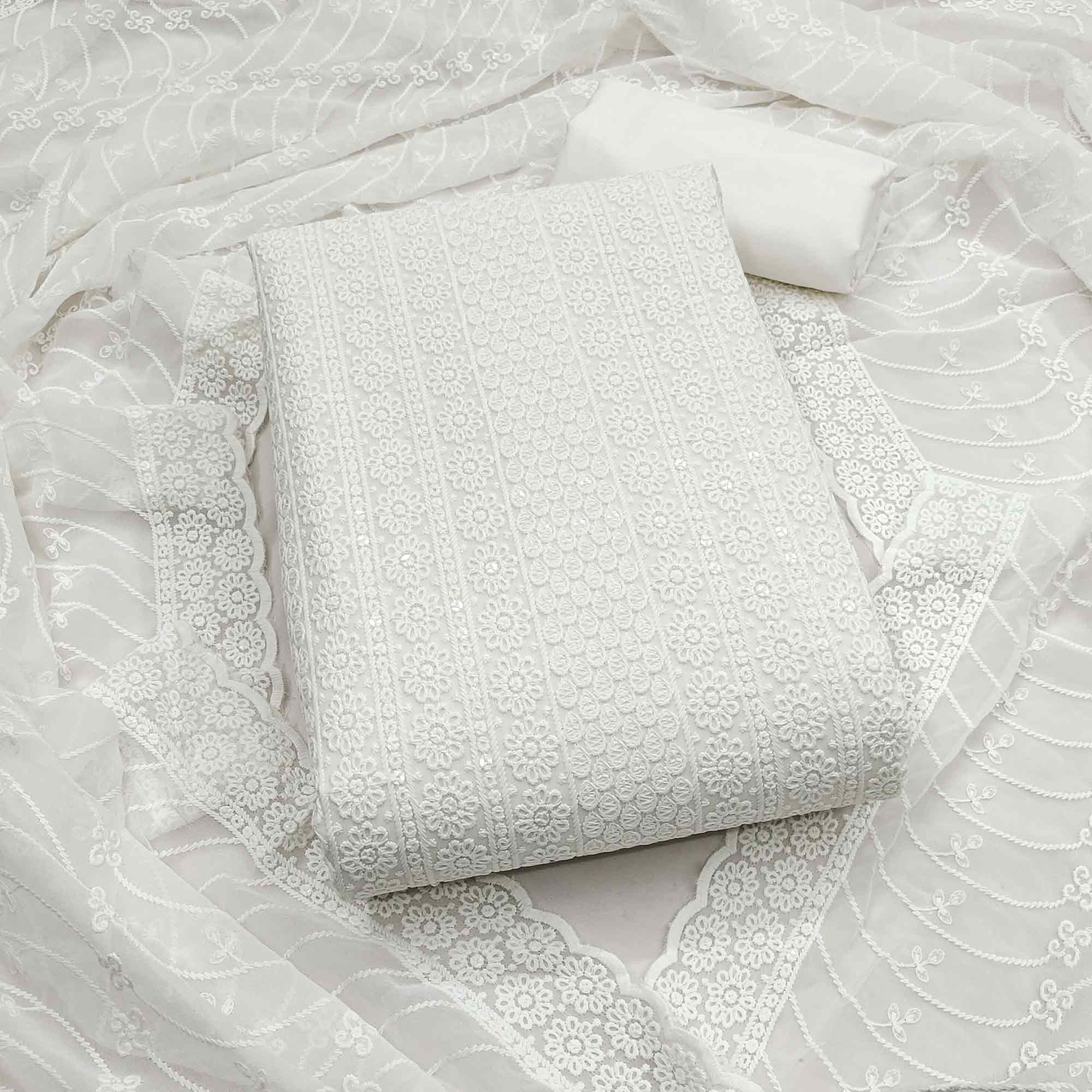 Elegant White Floral Thread Embroidered With Sequins Work Georgette Dress Material