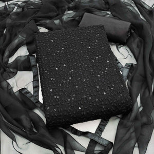 Stylish Black Thread Embroidered With Sequins Work Georgette Dress Material For Ethnic Styling