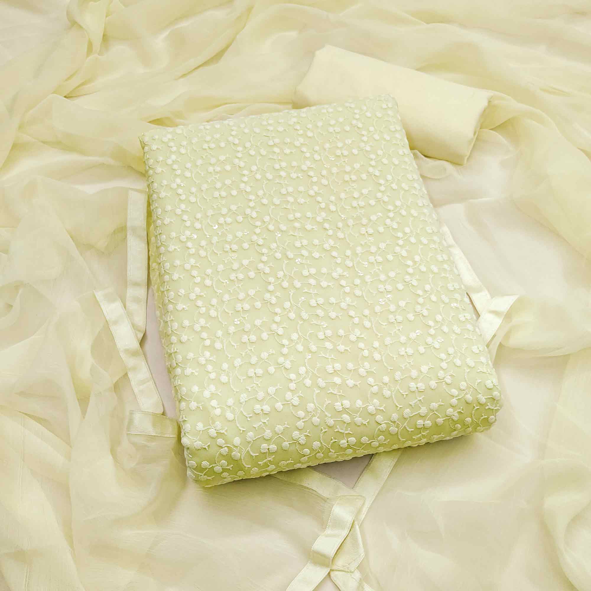 Stylish Cream Thread Embroidered With Sequins Work Georgette Dress Material For Ethnic Styling