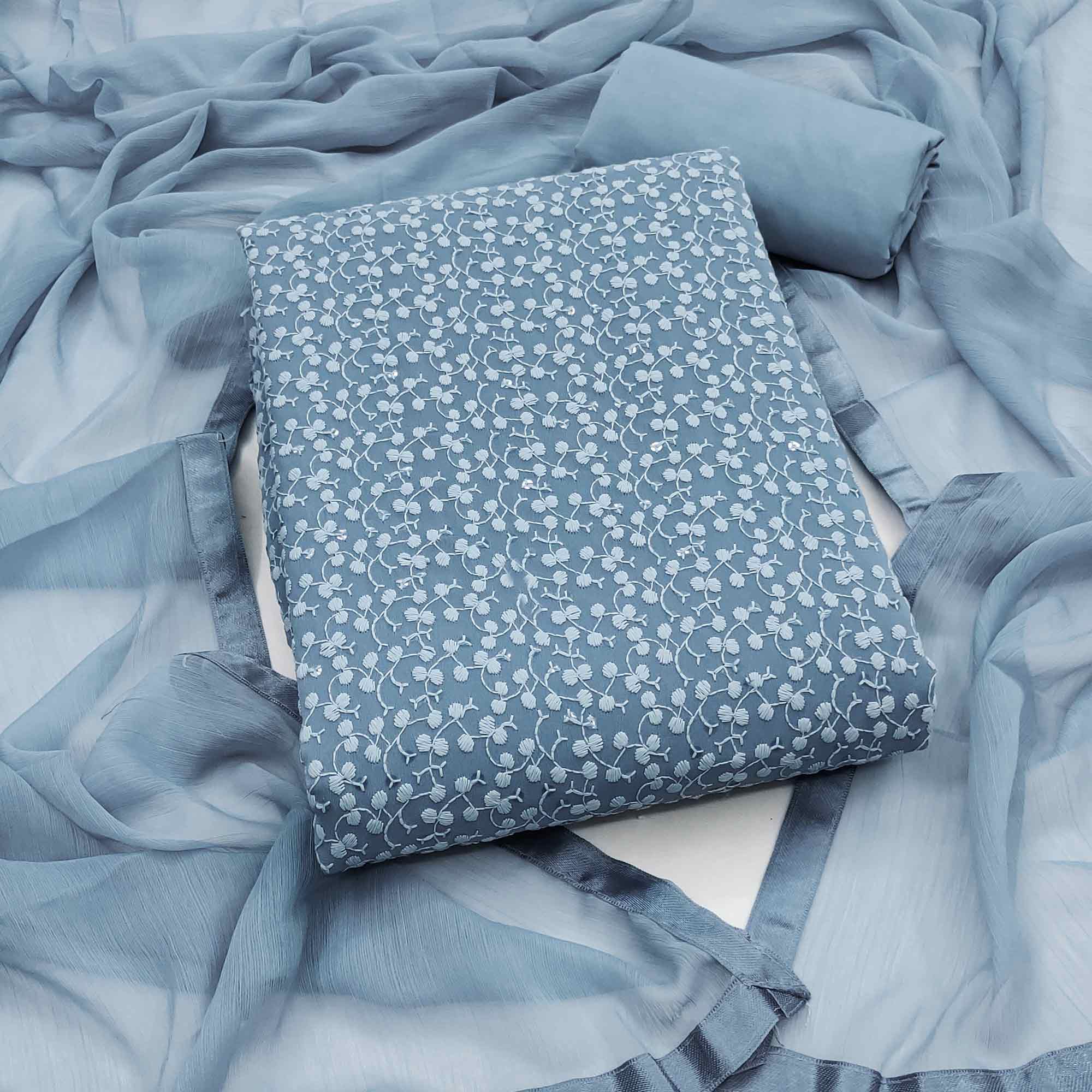 Stylish Grey Thread Embroidered With Sequins Work Georgette Dress Material For Ethnic Styling