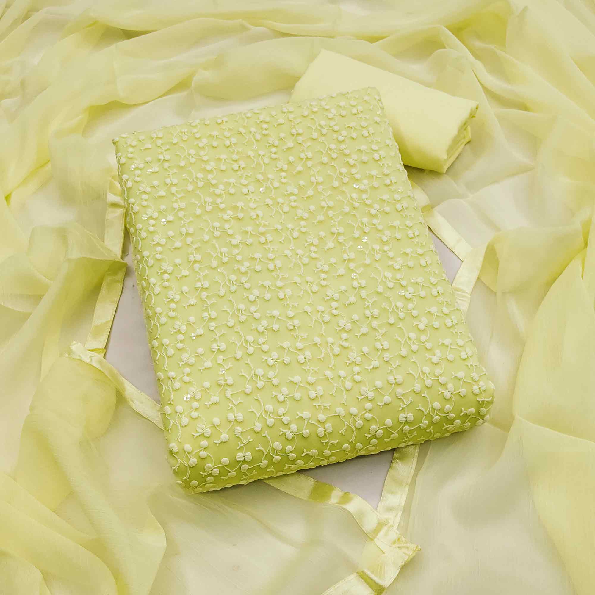 Stylish Lemon Yellow Thread Embroidered With Sequin Work Georgette Dress Material For Ethnic Styling