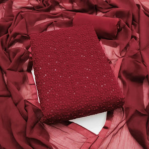 Stylish Maroon Thread Embroidered With Sequins Work Georgette Dress Material For Ethnic Styling