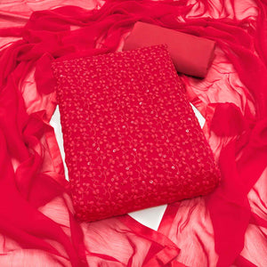 Stylish Red Thread Embroidered With Sequins Work Georgette Dress Material For Ethnic Styling
