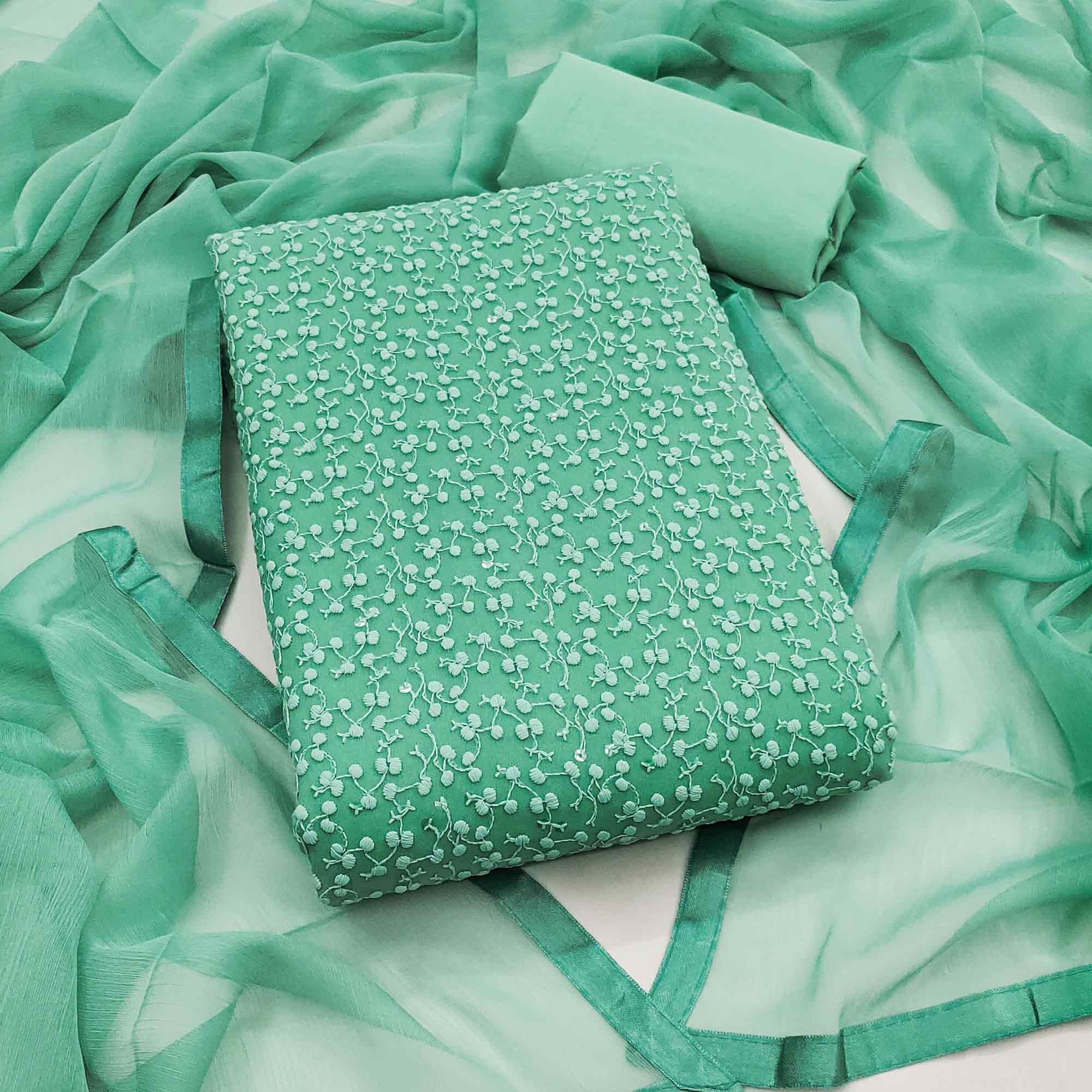 Stylish Sea Green Thread Embroidered With Sequins Work Georgette Dress Material For Ethnic Styling