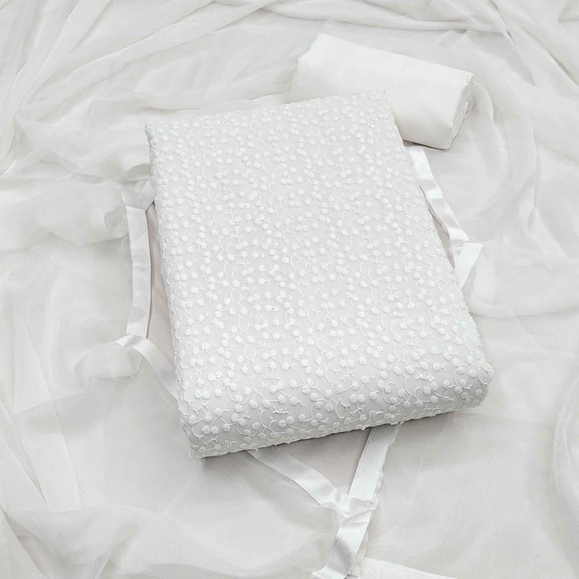 Stylish White Thread Embroidered With Sequins Work Georgette Dress Material For Ethnic Styling