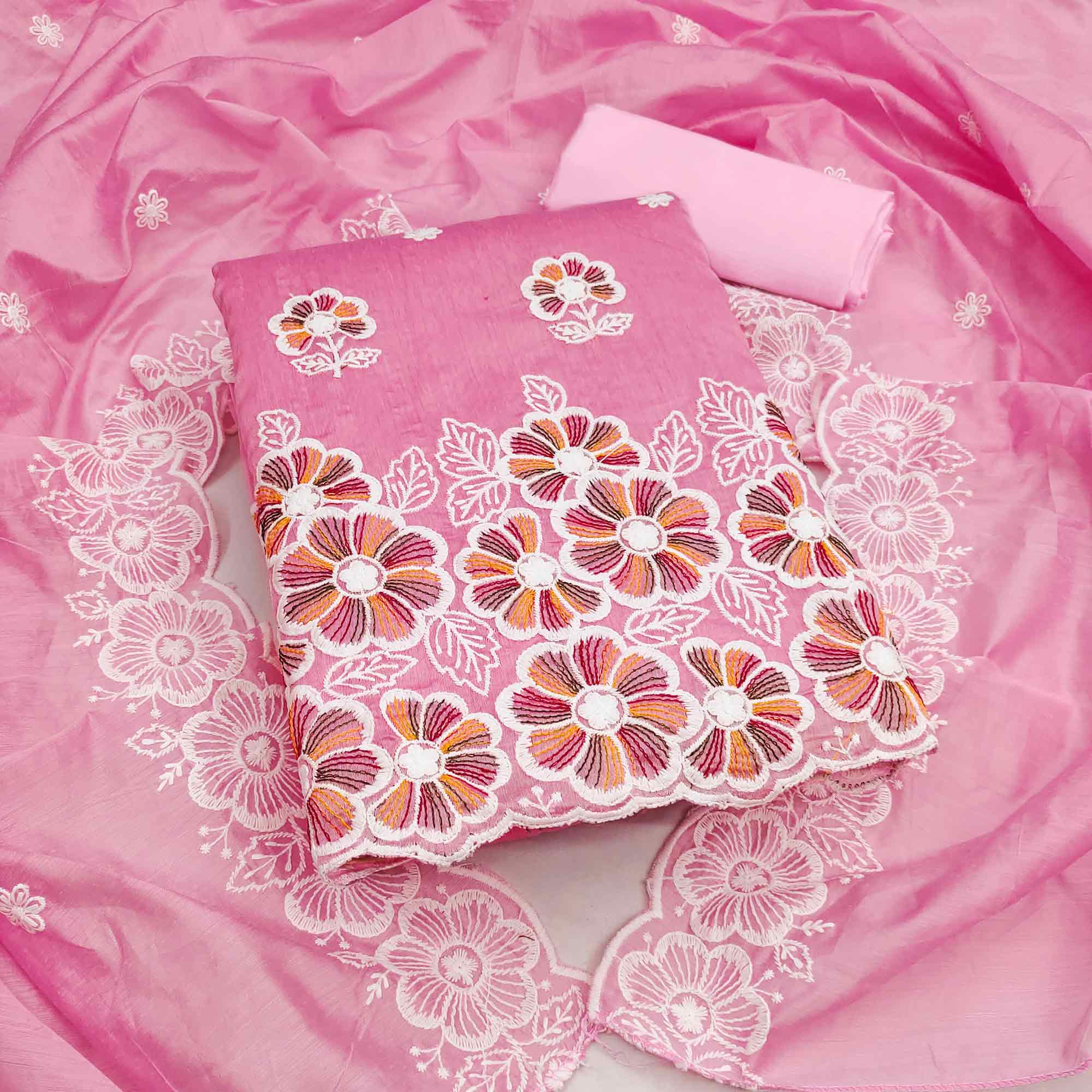 Elegant Pink Floral Thread Embroidered Chanderi Silk Dress Material