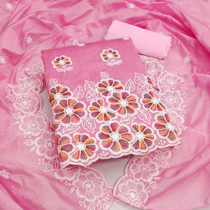 Elegant Pink Floral Thread Embroidered Chanderi Silk Dress Material