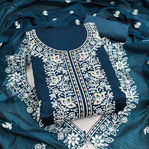 Graceful Blue Floral Thread Embroidery Chanderi Silk Designer Dress Material