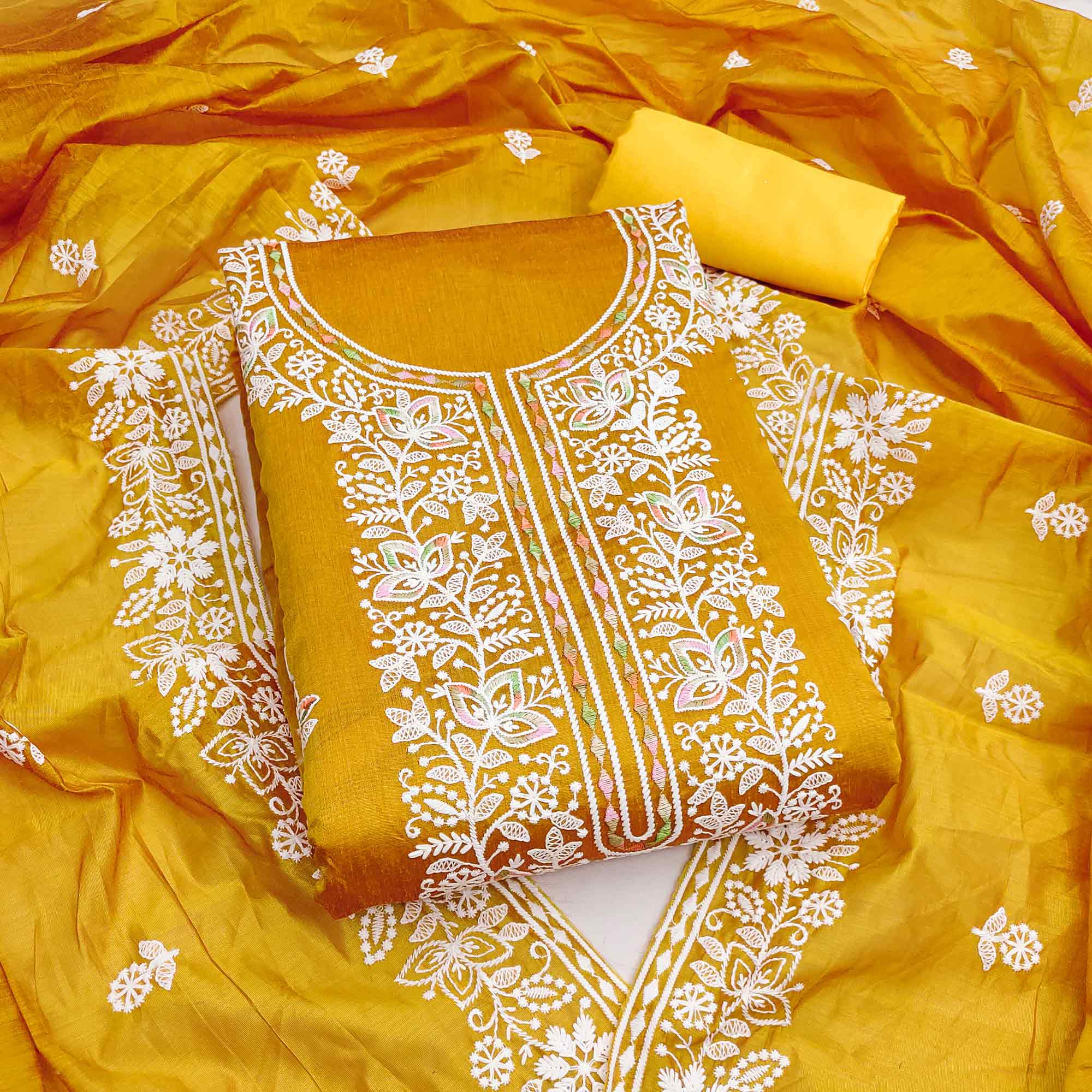 Graceful Mustard Floral Thread Embroidery Chanderi Silk Designer Dress Material