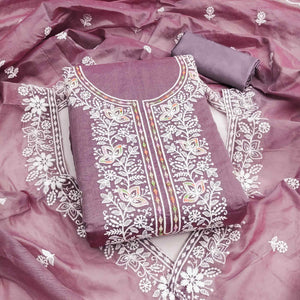 Graceful Onion Pink Floral Thread Embroidery Chanderi Silk Designer Dress Material