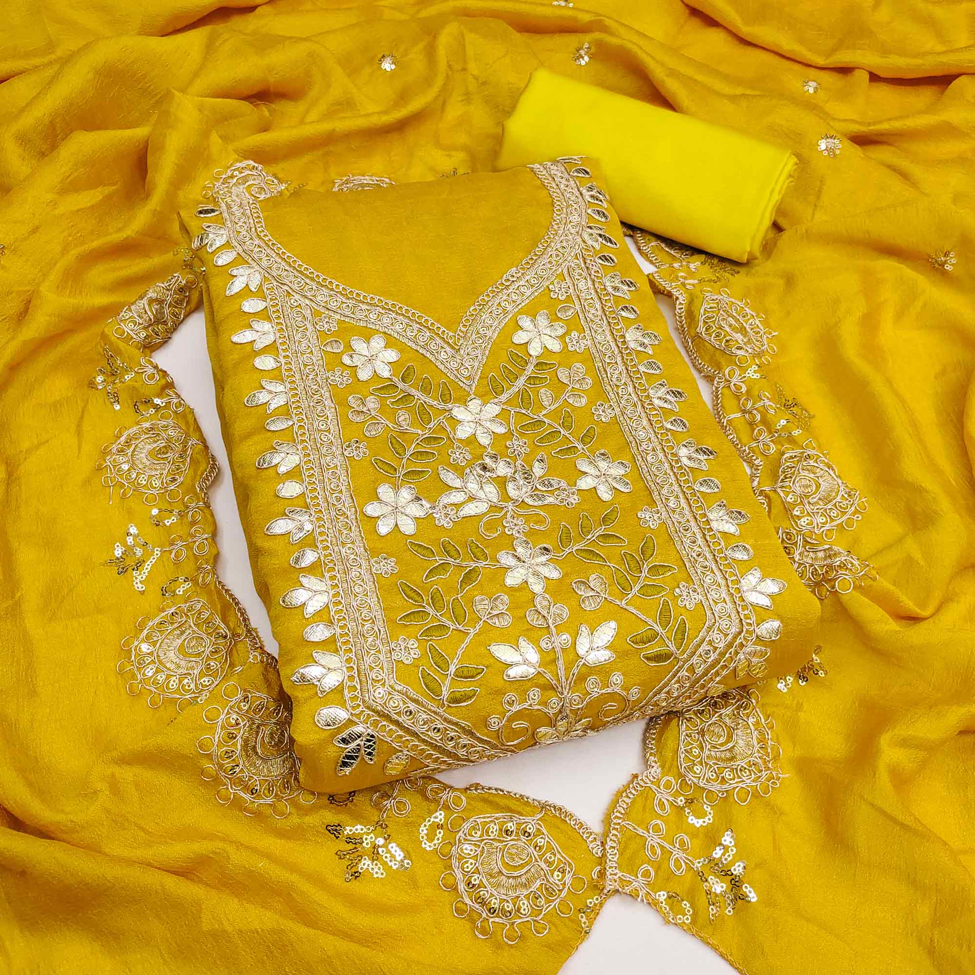 Timeless Mustard Floral Embroidered Vichitra Silk Dress Material Highlighted With Gota Patti Work