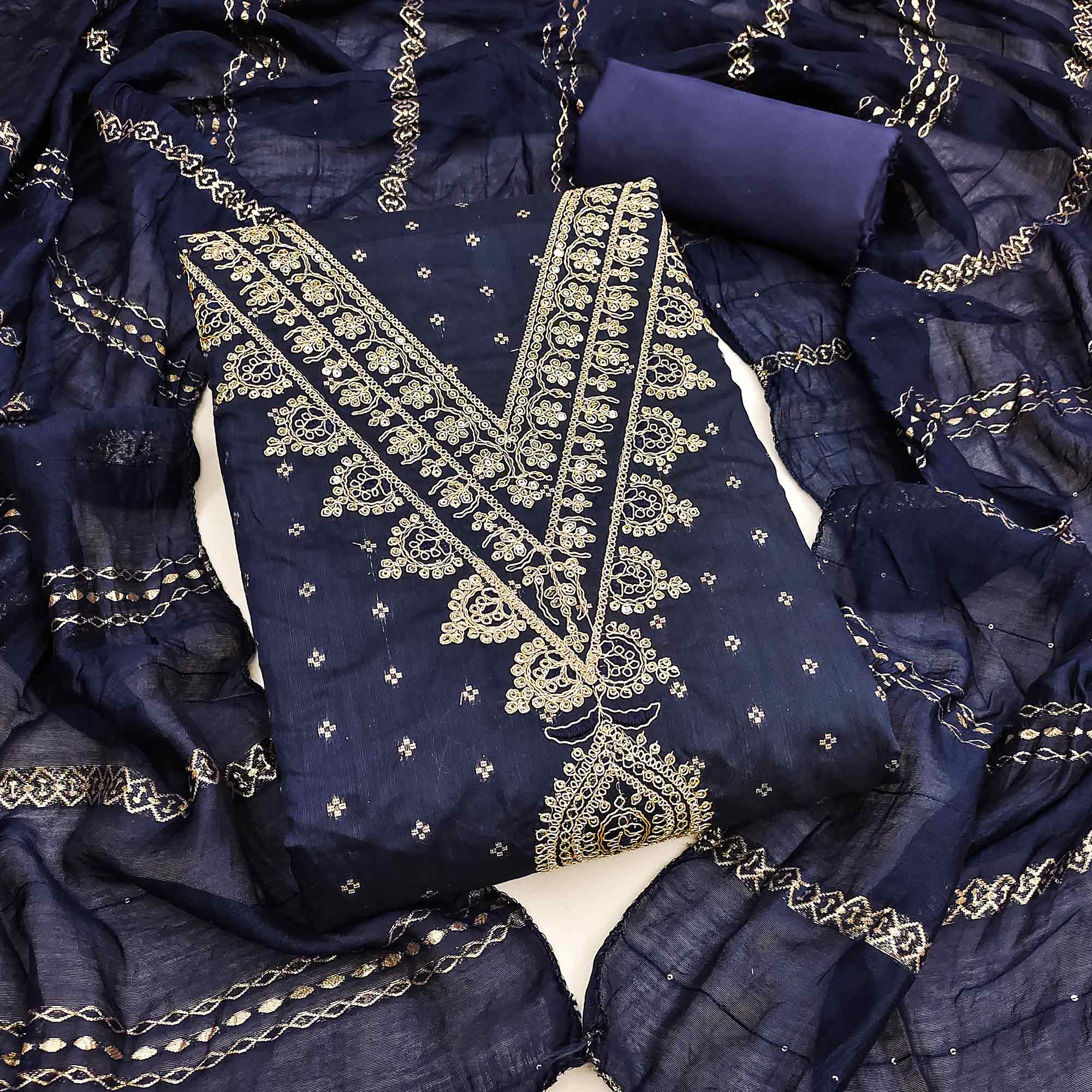 Graceful Navy Blue Butti Motif Chanderi Silk Dress Material Featuring Floral Cording Embroidery Work