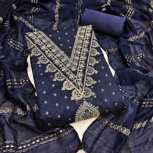 Graceful Navy Blue Butti Motif Chanderi Silk Dress Material Featuring Floral Cording Embroidery Work