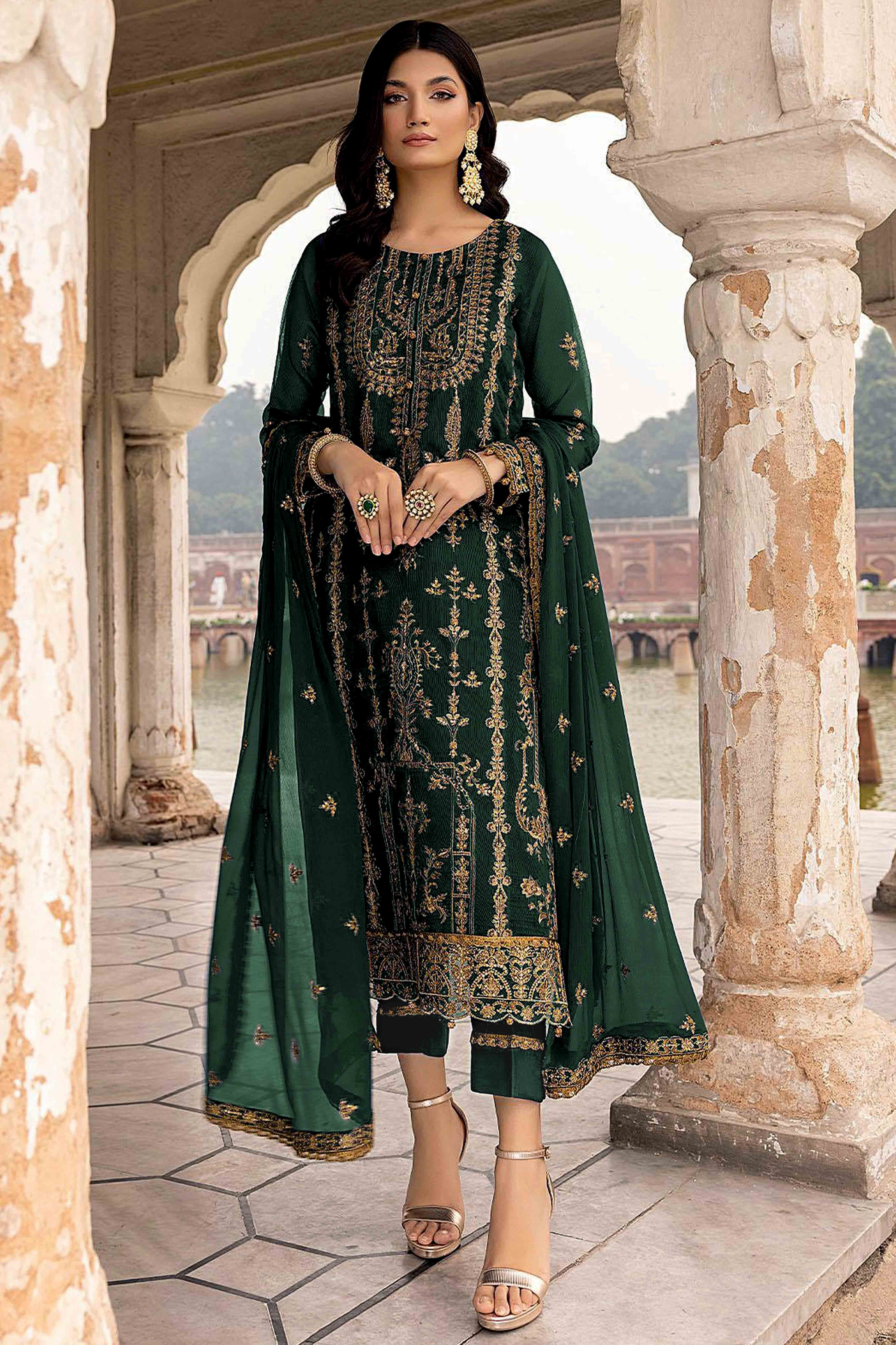 Green Floral Sequins Embroidered Georgette Semi Stitched Suit