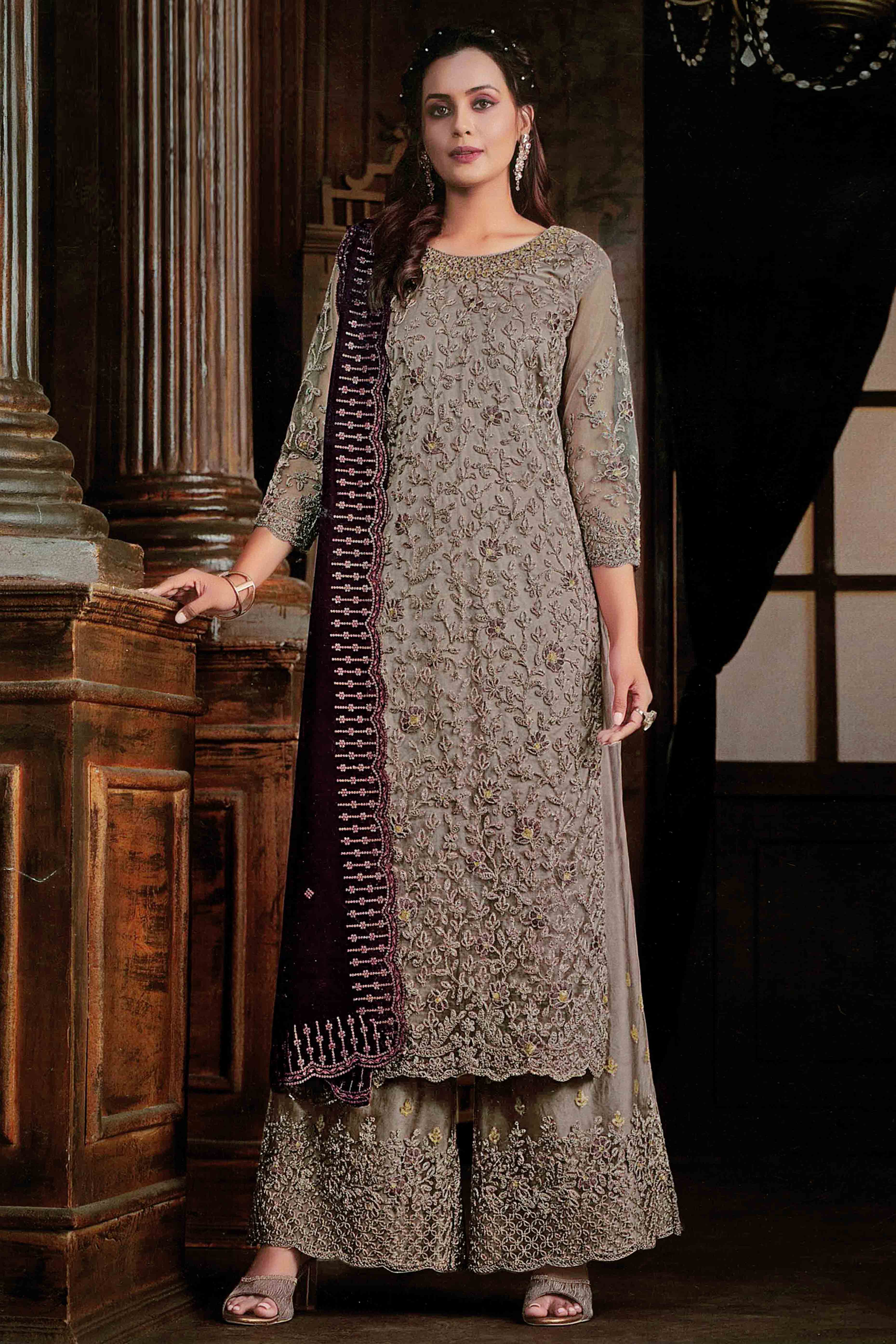 Brown Floral Sequins & Codding Embroidered Net Semi Stitched Suit