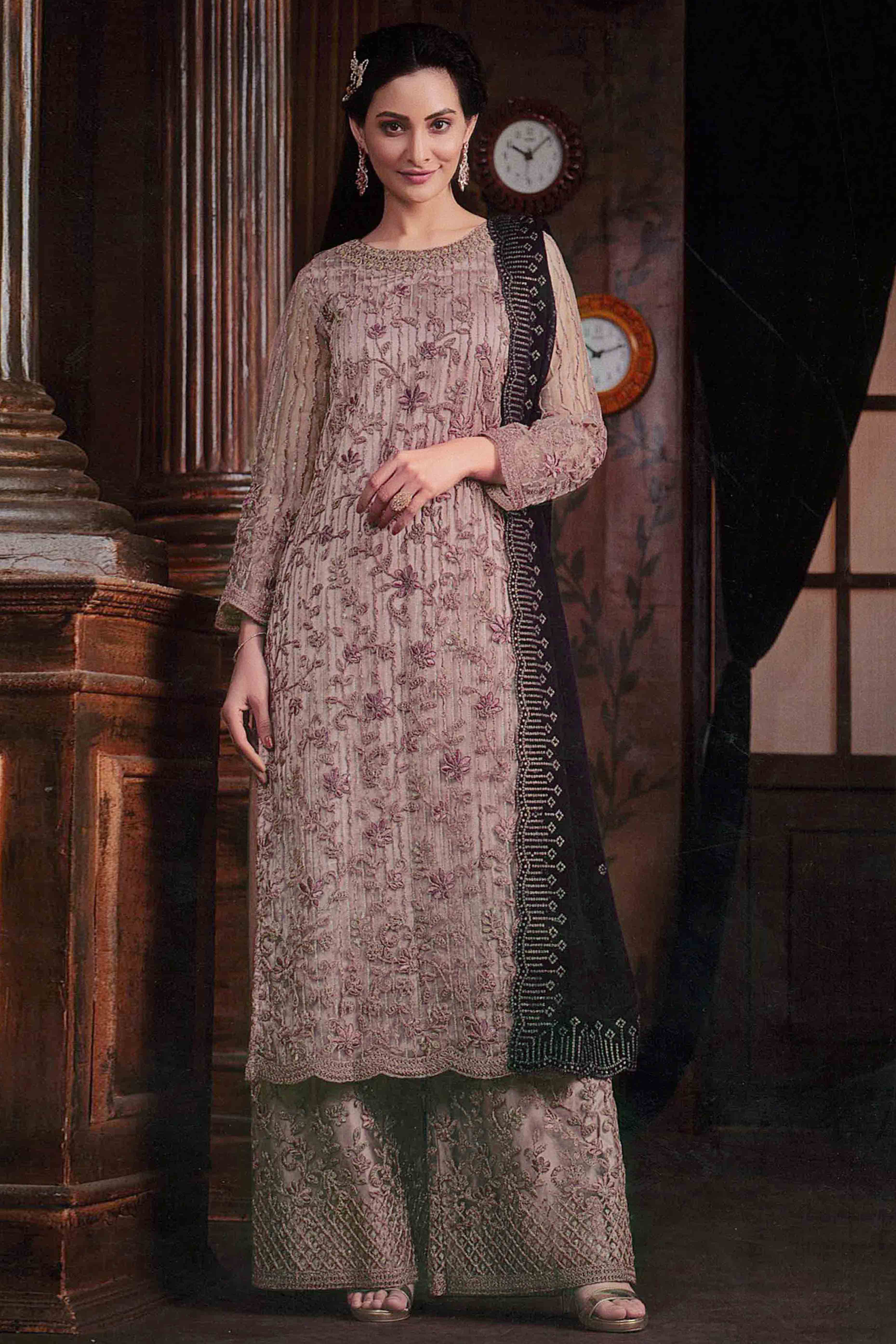 Onion Pink Floral Sequins & Codding Embroidered Net Semi Stitched Suit