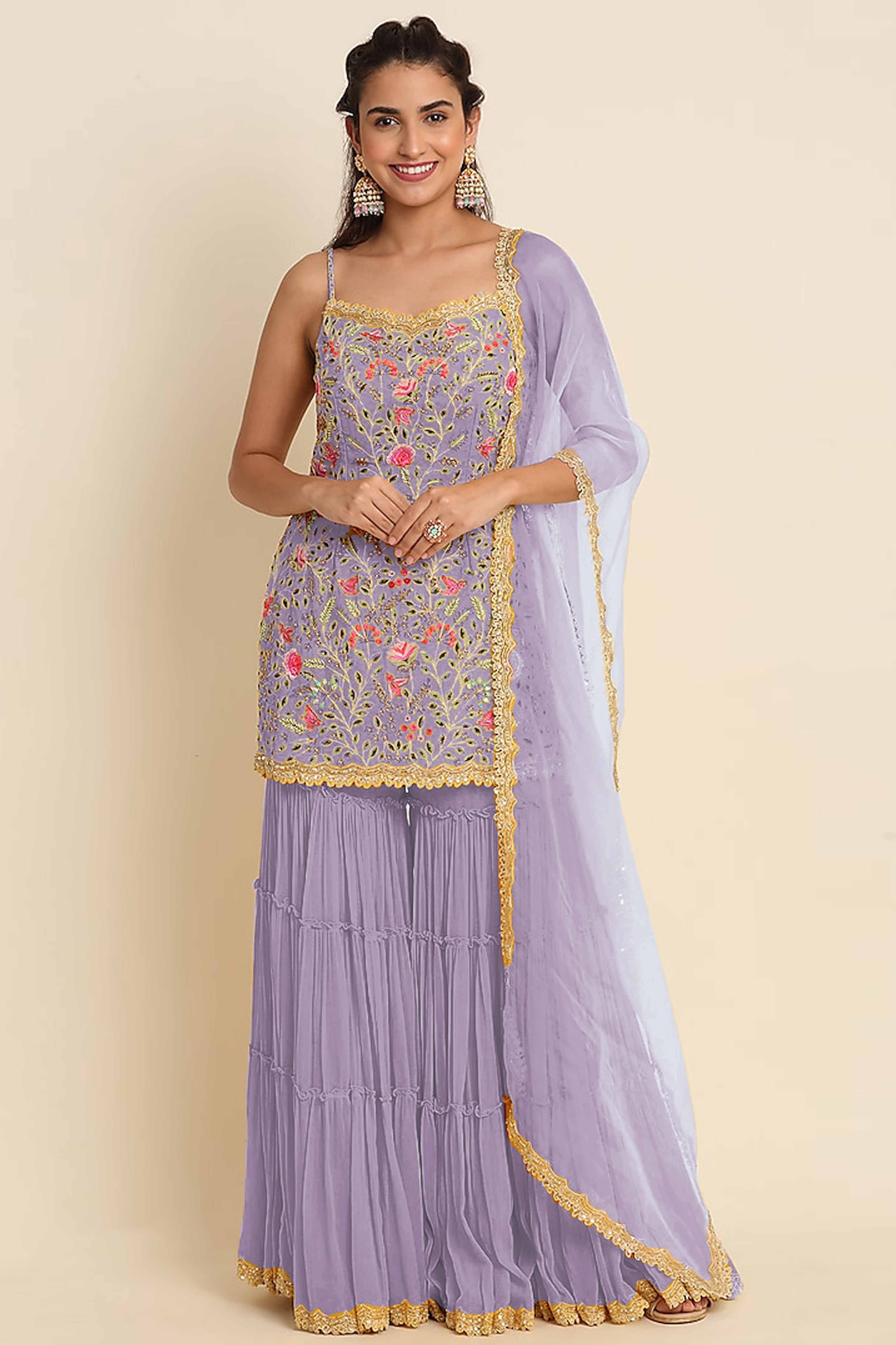 Lavender Floral Sequins Embroidered Georgette Semi Stitched Suit