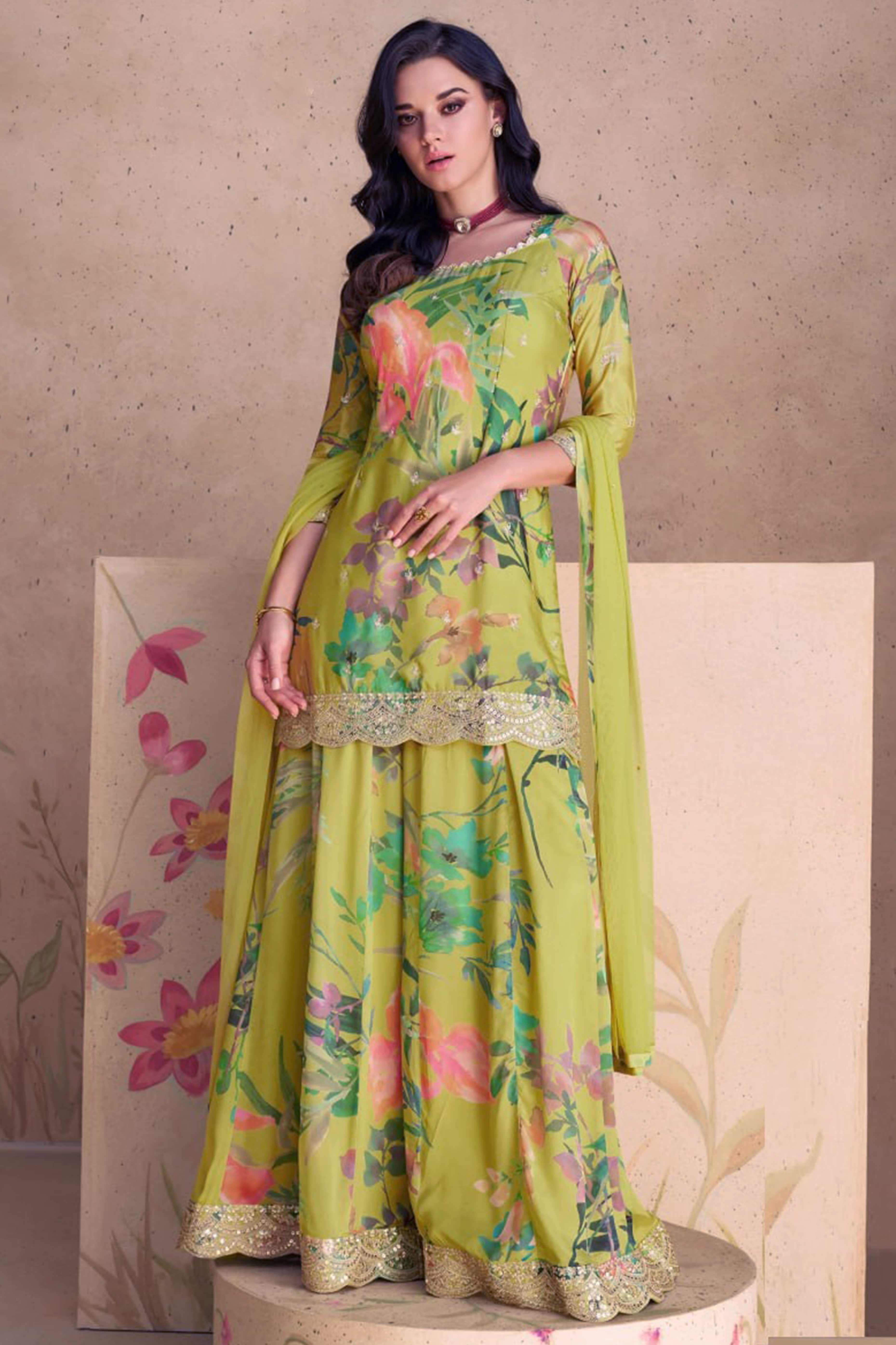 Green Floral Digital Print With Sequins Embroidered Chinon Palazzo Suit