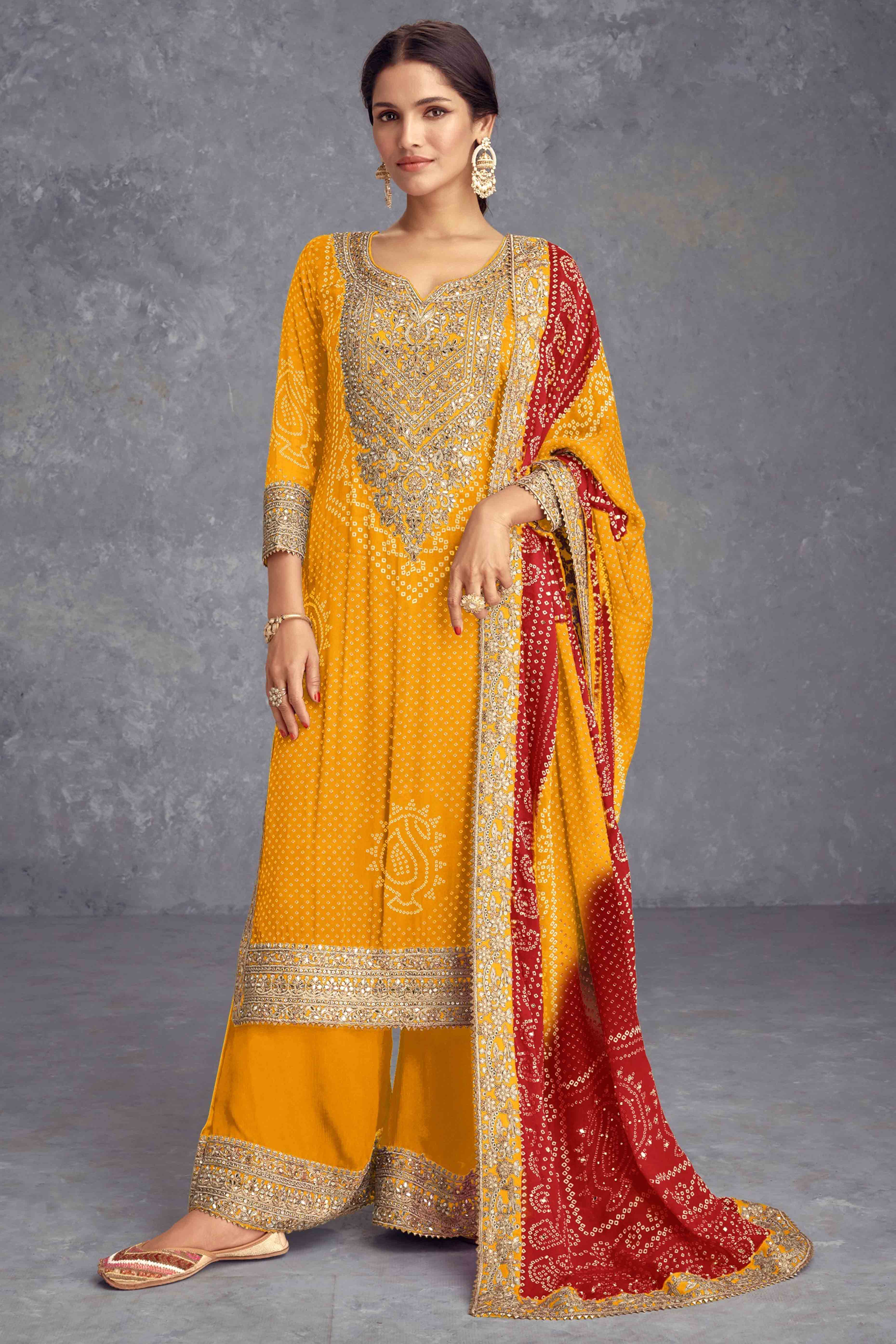 Mustard Bandhani Digital Print With Sequins & Mirror Work Chinon Palazzo Suit