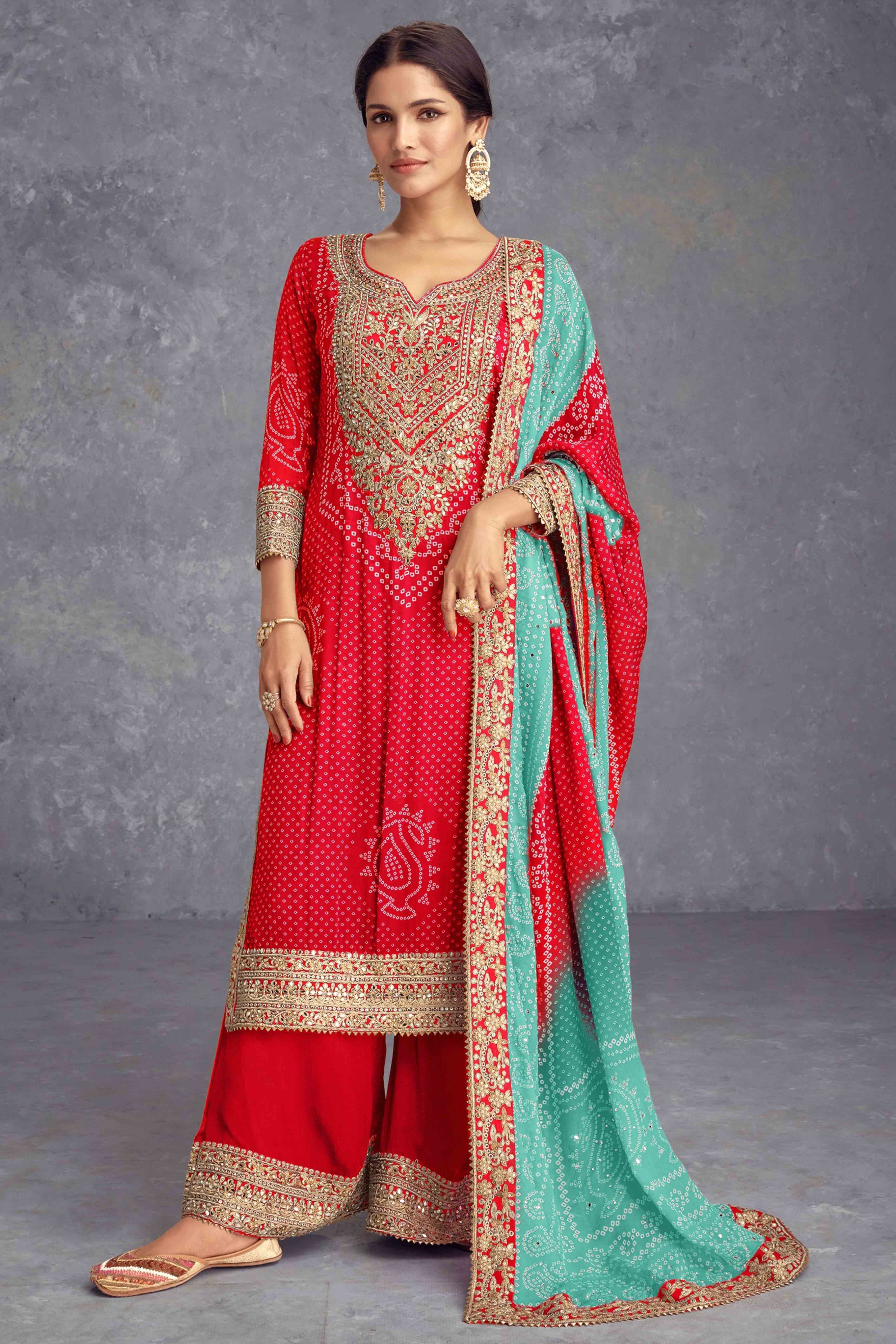 Red Bandhani Digital Print With Sequins & Mirror Work Chinon Palazzo Suit