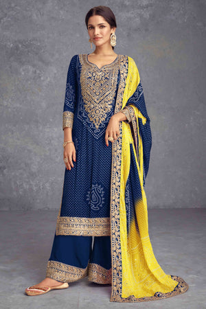 Blue Bandhani Digital Print With Sequins & Mirror Work Chinon Palazzo Suit