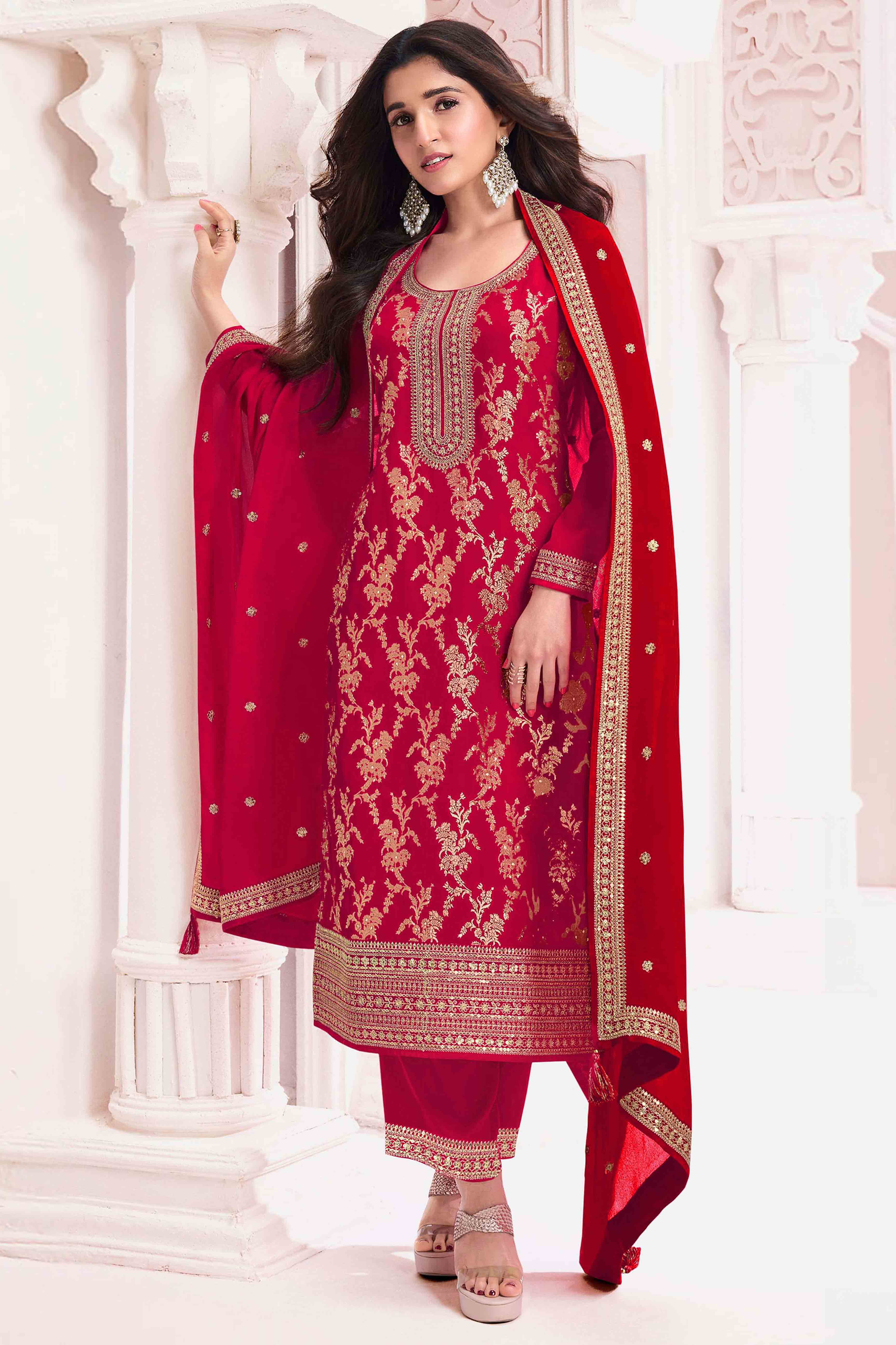 Rani Pink Floral Embroidered Jacquard Viscose Semi Stitched Suit