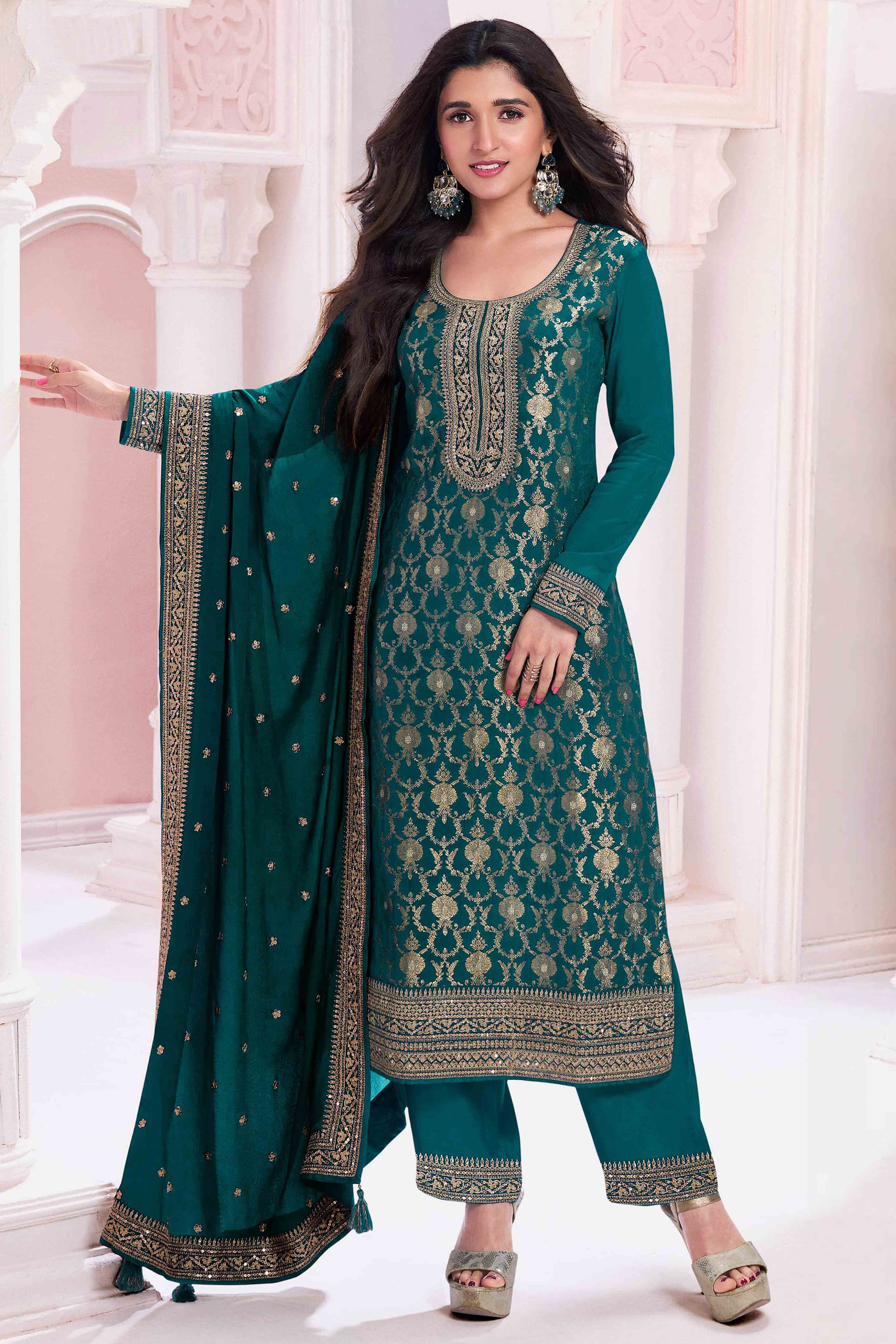 Teal Floral Embroidered Jacquard Viscose Semi Stitched Suit