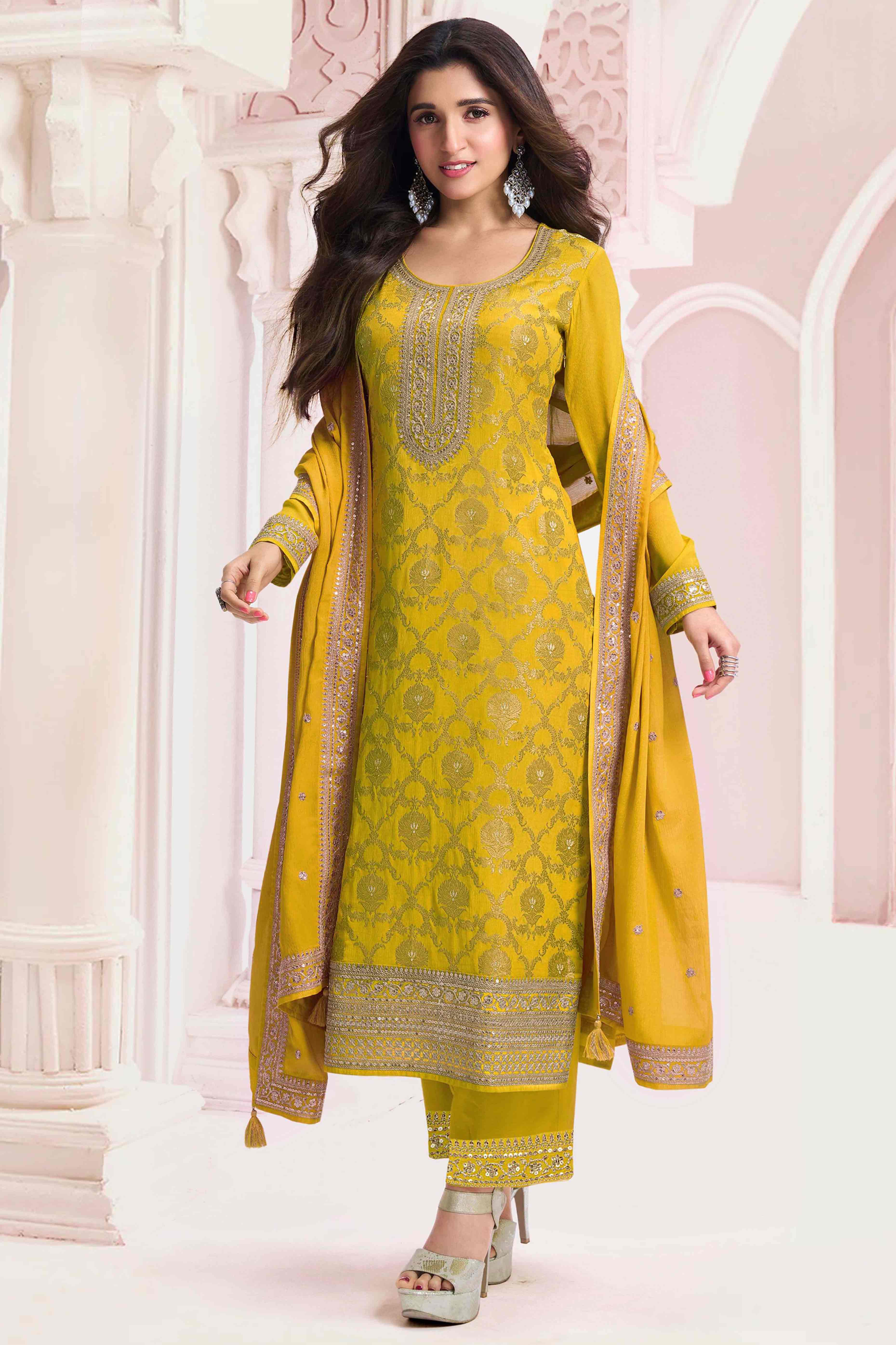 Mustard Floral Embroidered Jacquard Viscose Semi Stitched Suit