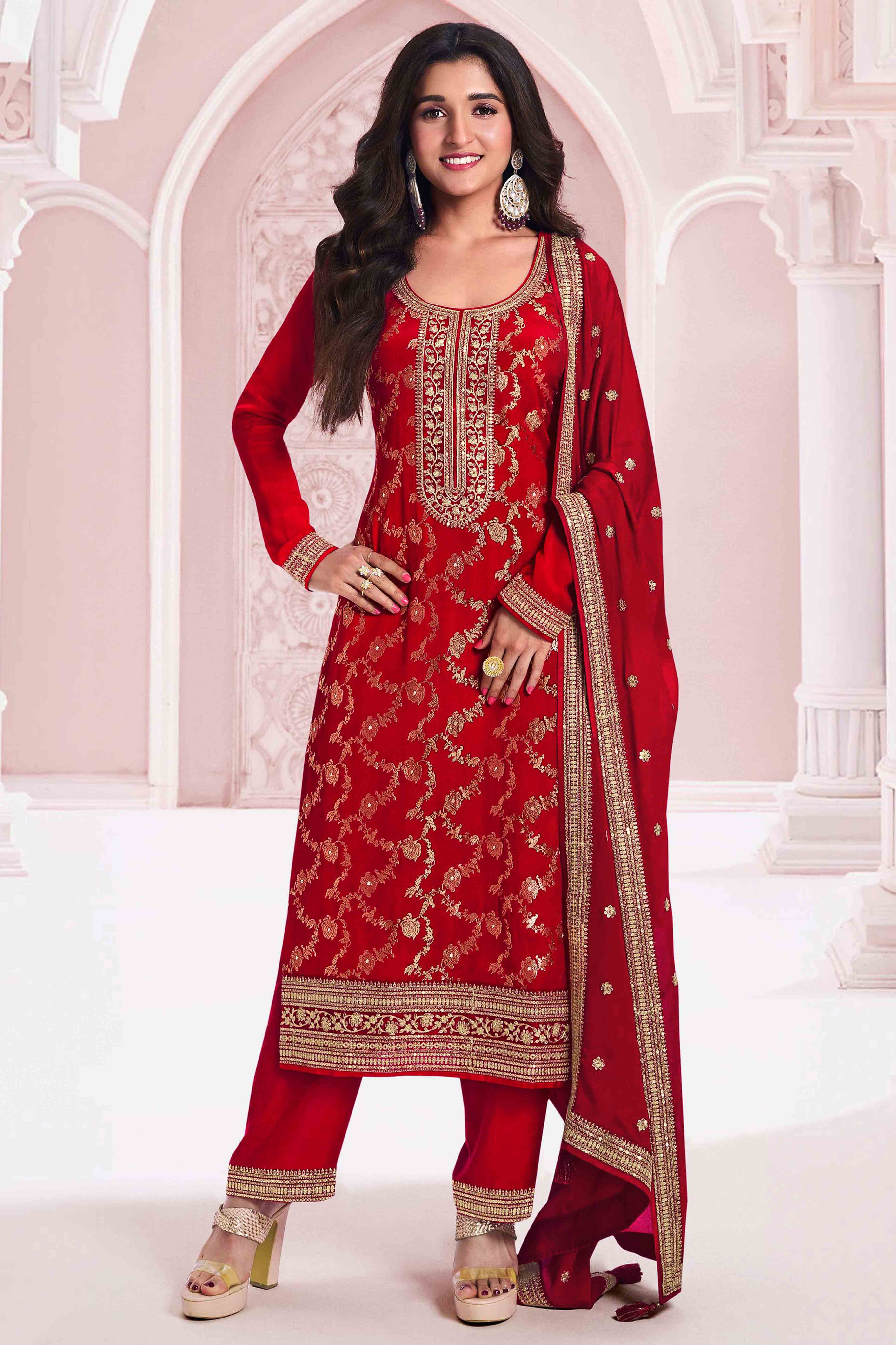 Red Floral Embroidered Jacquard Viscose Semi Stitched Suit