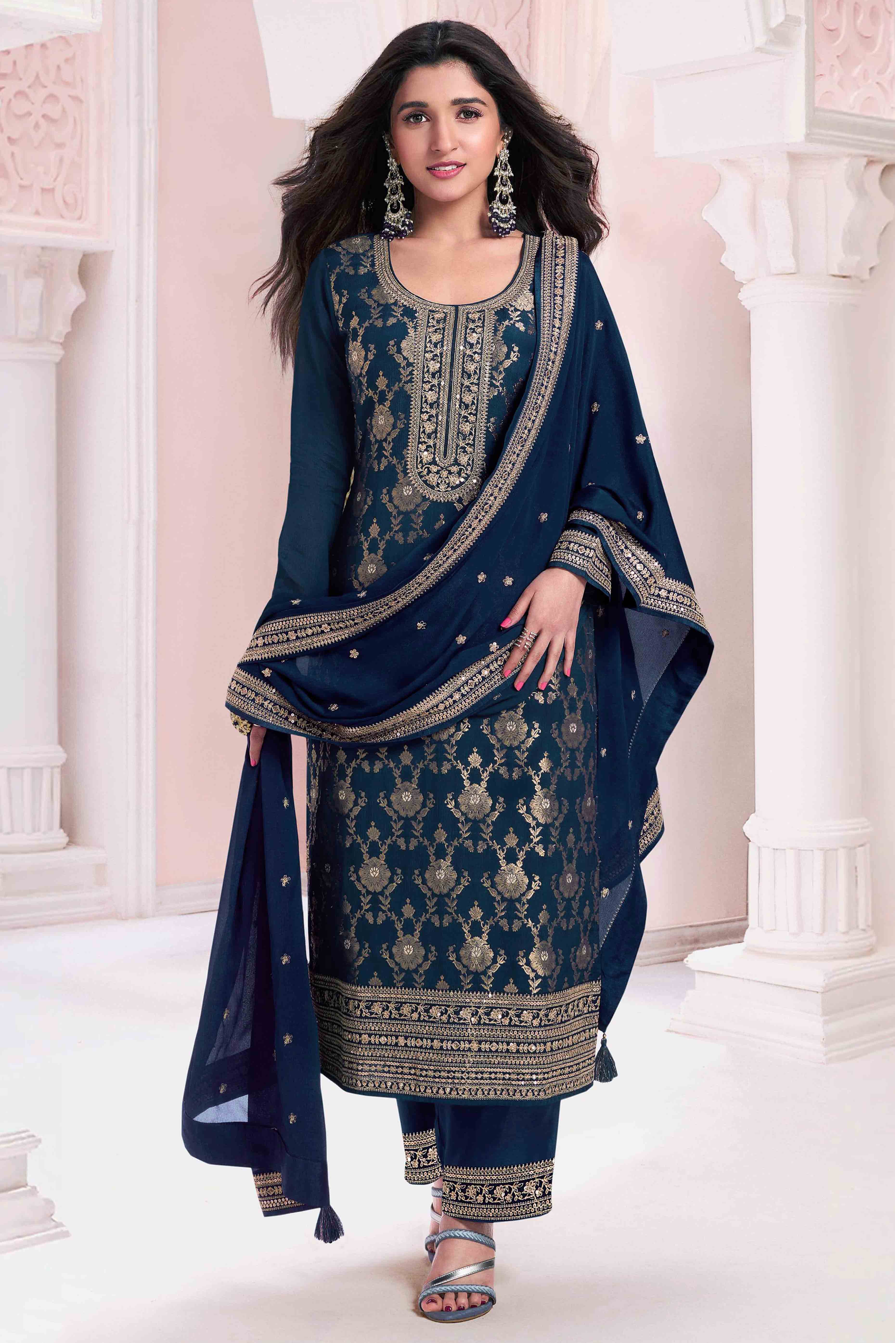 Blue Floral Embroidered Jacquard Viscose Semi Stitched Suit