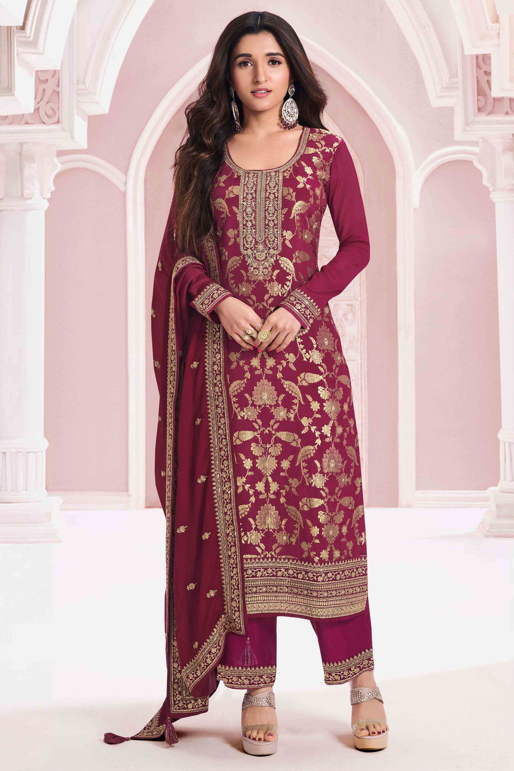 Lavender Viscose Jacquard Silk Straight-Cut Suit & Embroidered Dupatta main image 1