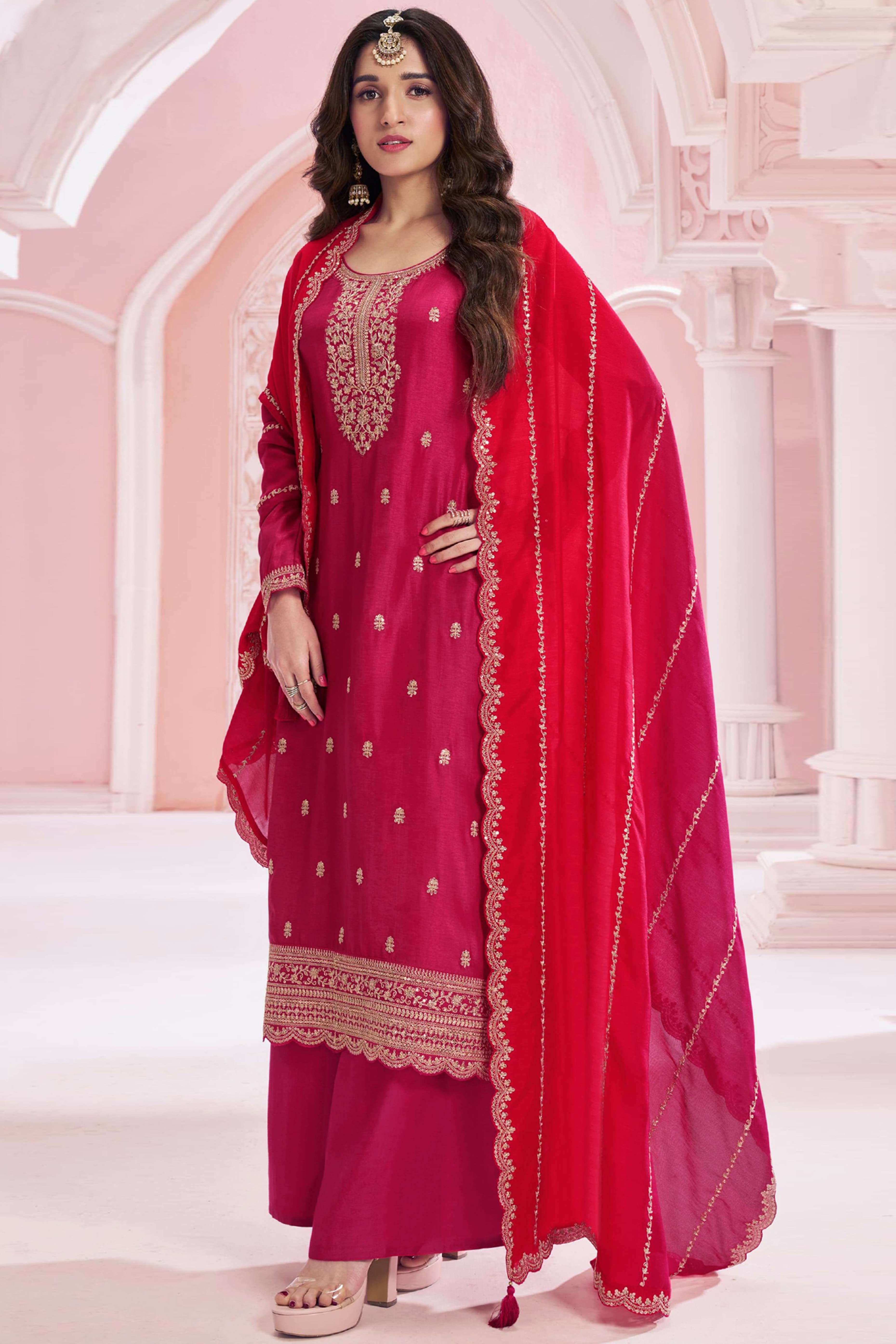 Pink Sequins Embroidered Butti Vichitra Silk Semi Stitched Salwar Suit
