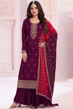Wine Sequins Embroidered Butti Vichitra Silk Semi Stitched Salwar Suit